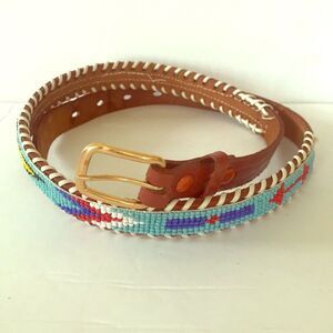 Leather Beaded & Stitched Tribal Native American Design Belt sz 30 Gold Tone
